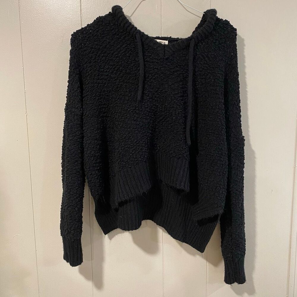 POL Black Popcorn Knit Hoodie Sweater Women’s Small – Cozy Textured Pullover
